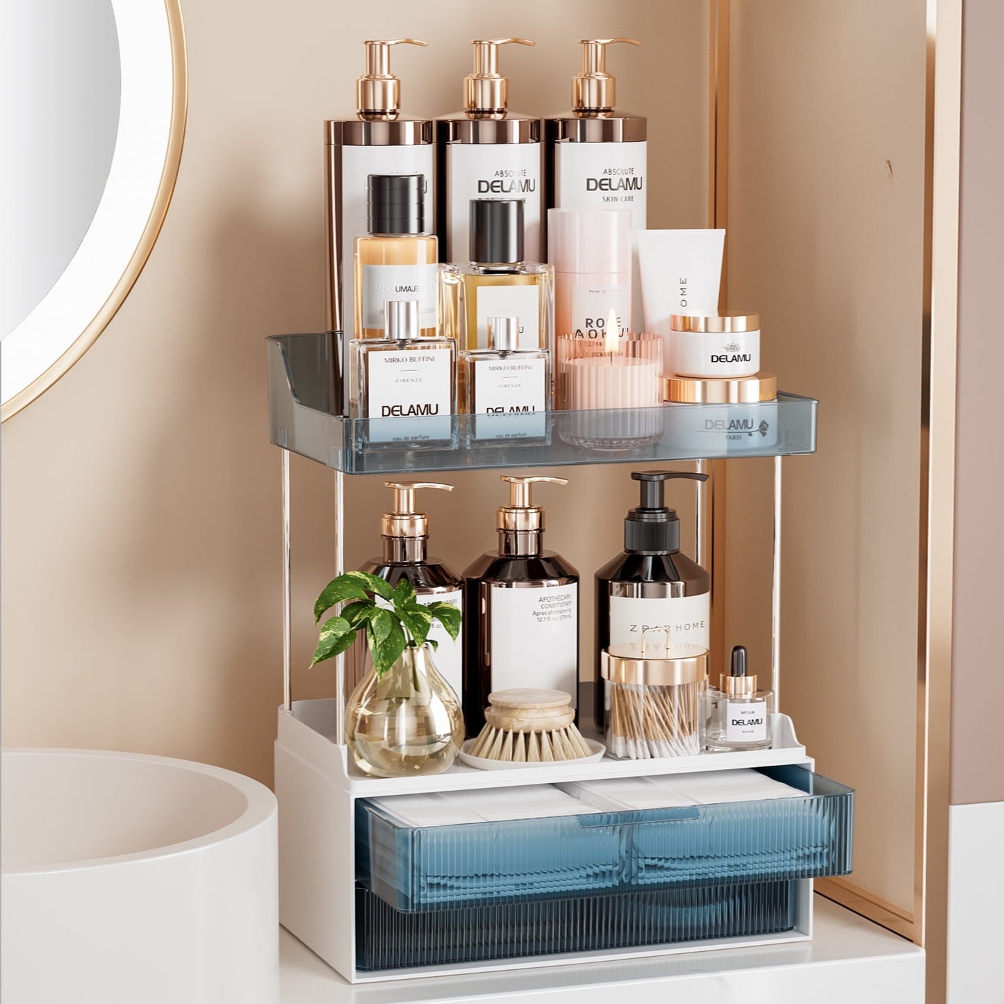 Delamu 2-Tier 2-Drawer Bathroom Organizer Countertop, Multi-Purpose Makeup Organizer Countertop, Large Skincare Organizers, Exquisite Vanity Organizer, Blue